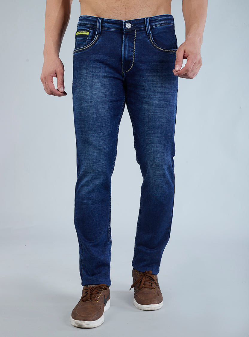Smart Slim Fit Mid Indigo Blue Contrast Denim Jeans for Men