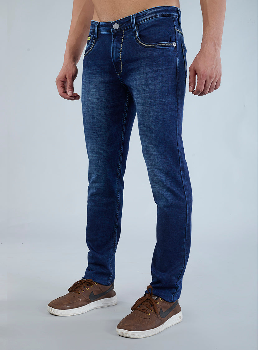 Smart Slim Fit Mid Indigo Blue Contrast Denim Jeans for Men