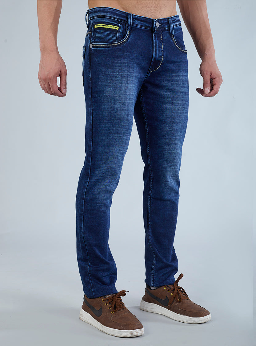 Smart Slim Fit Mid Indigo Blue Contrast Denim Jeans for Men