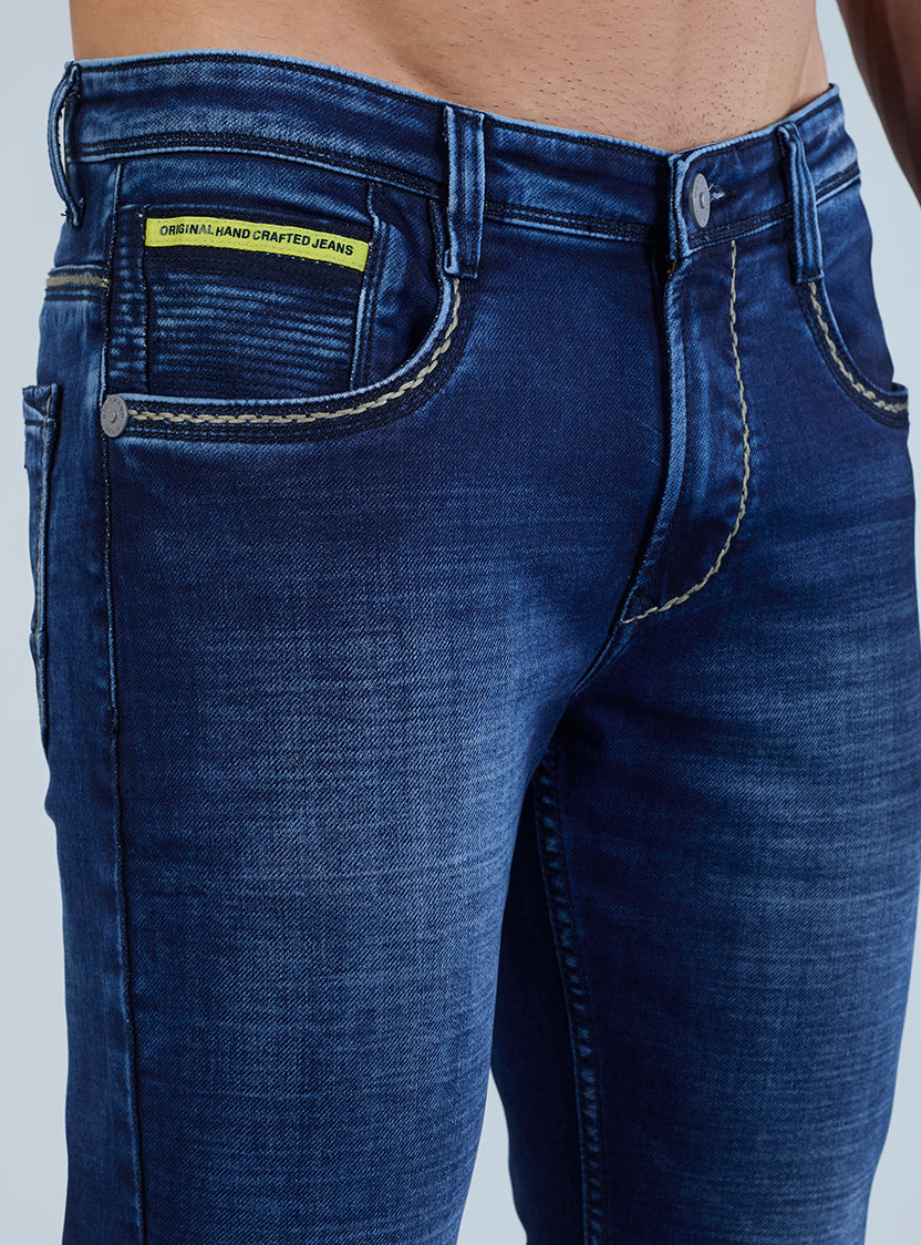 Smart Slim Fit Mid Indigo Blue Contrast Denim Jeans for Men