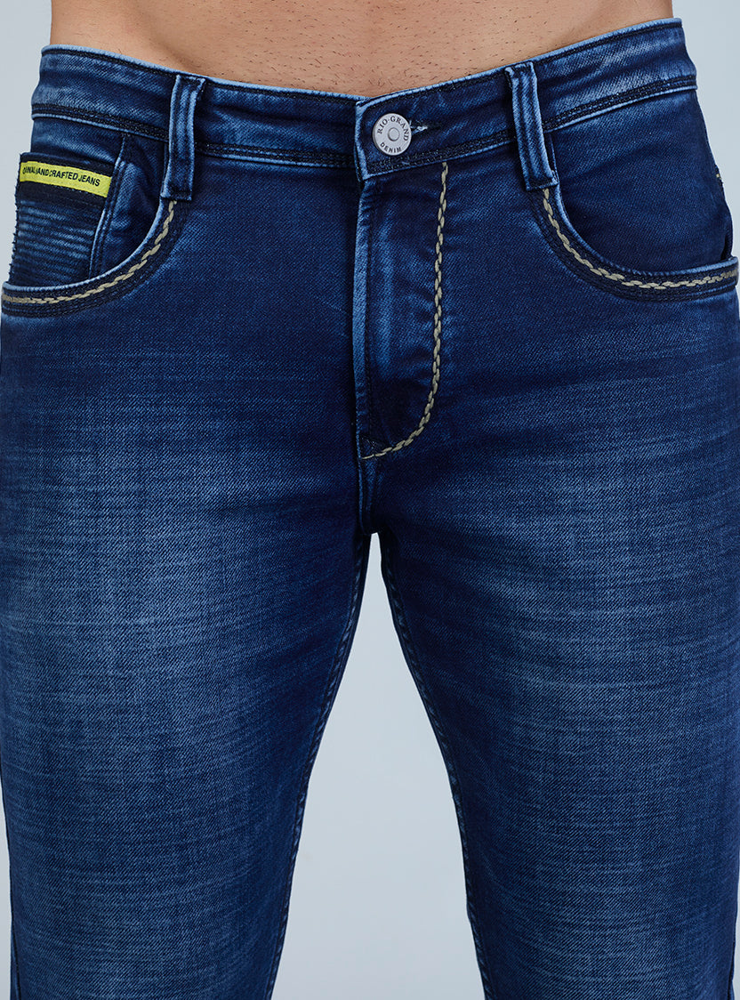 Smart Slim Fit Mid Indigo Blue Contrast Denim Jeans for Men