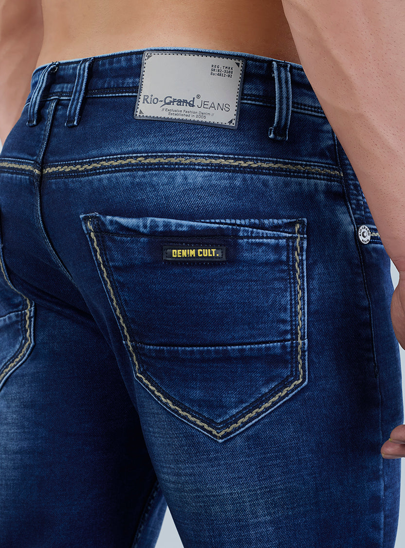 Smart Slim Fit Mid Indigo Blue Contrast Denim Jeans for Men