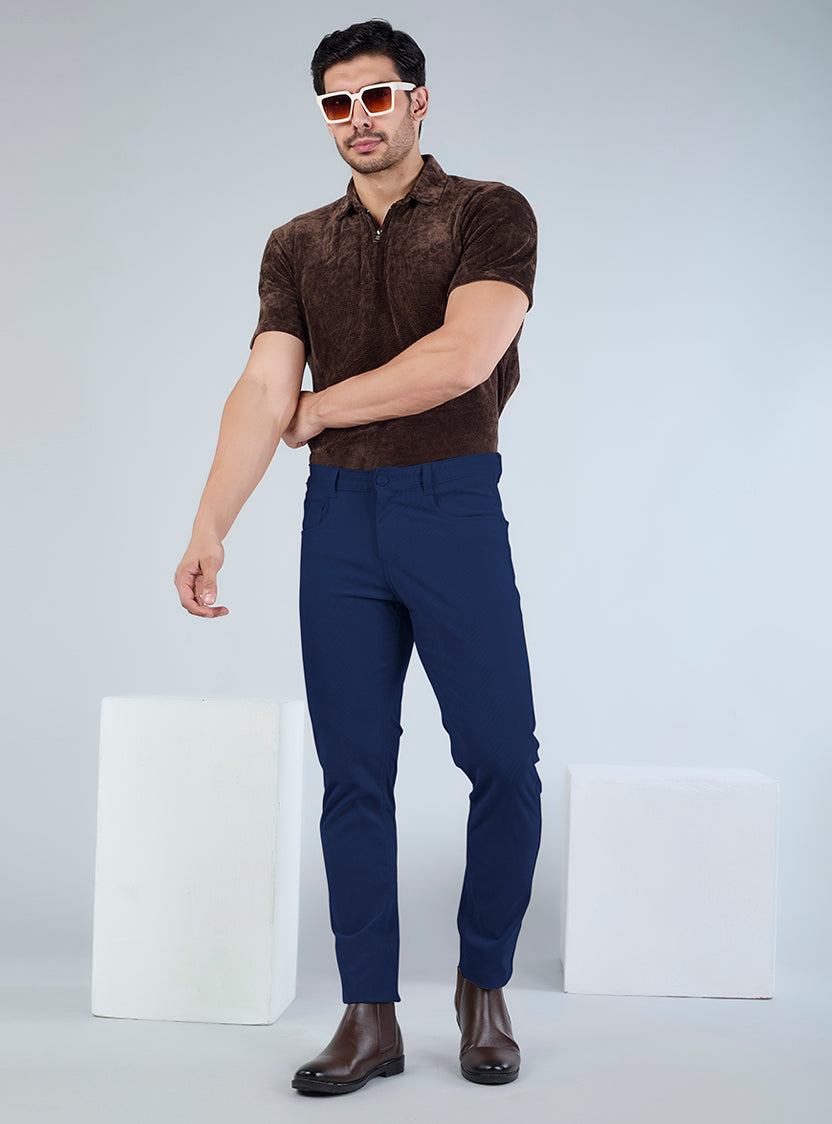 Slim Fit Mid Blue Corduroy Pants for Men