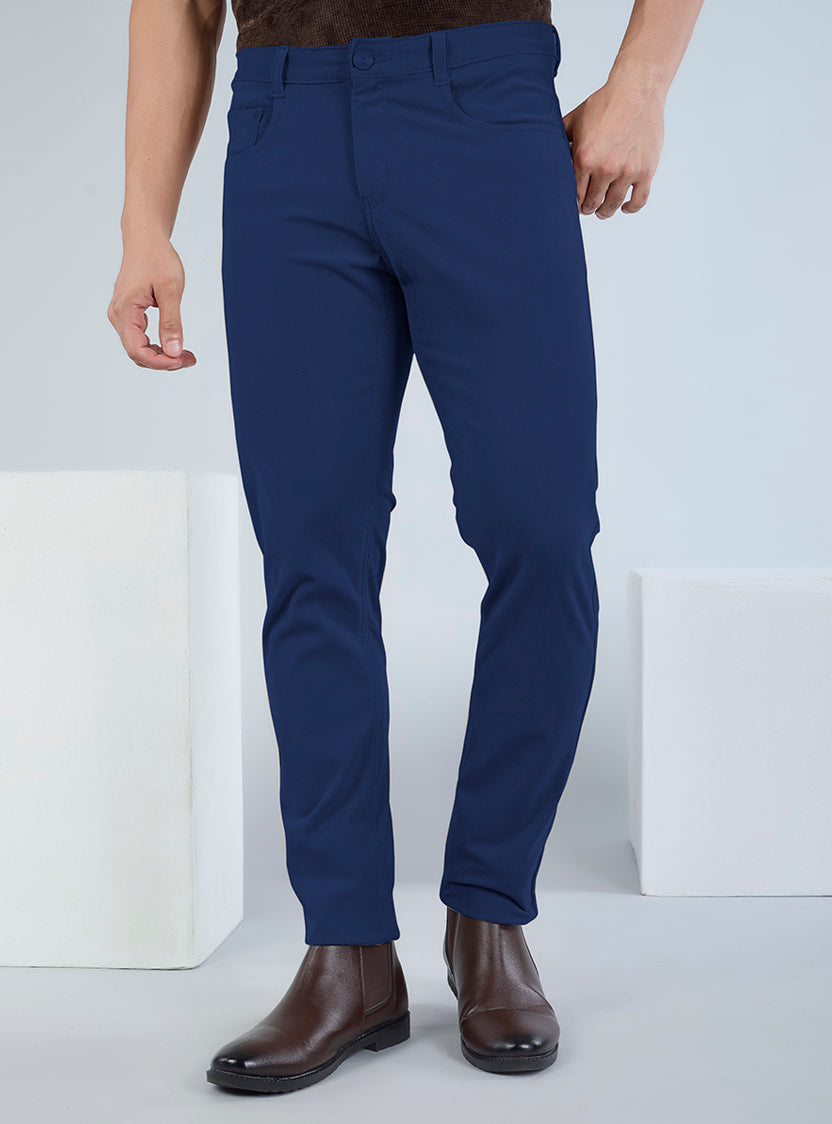 Slim Fit Mid Blue Corduroy Pants for Men